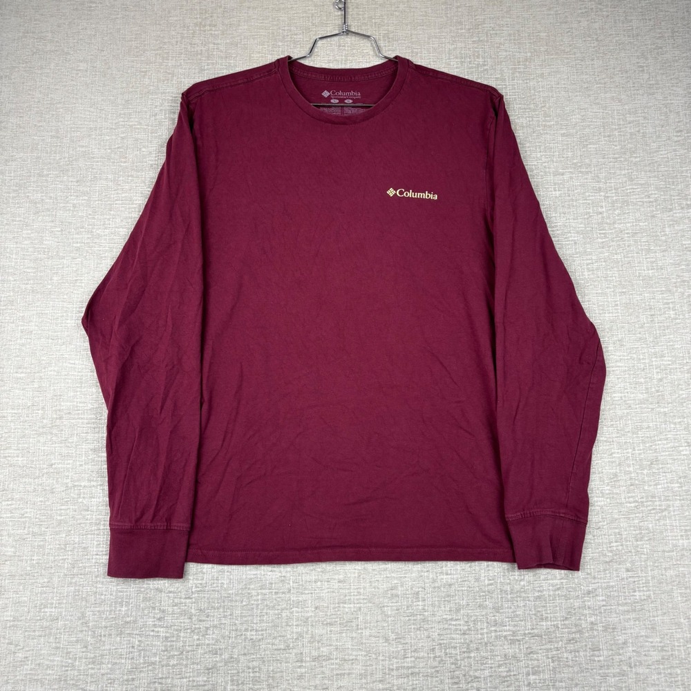 Columbia Mens Long Sleeve Bear Graphic T-Shirt Maroon Burgundy Large